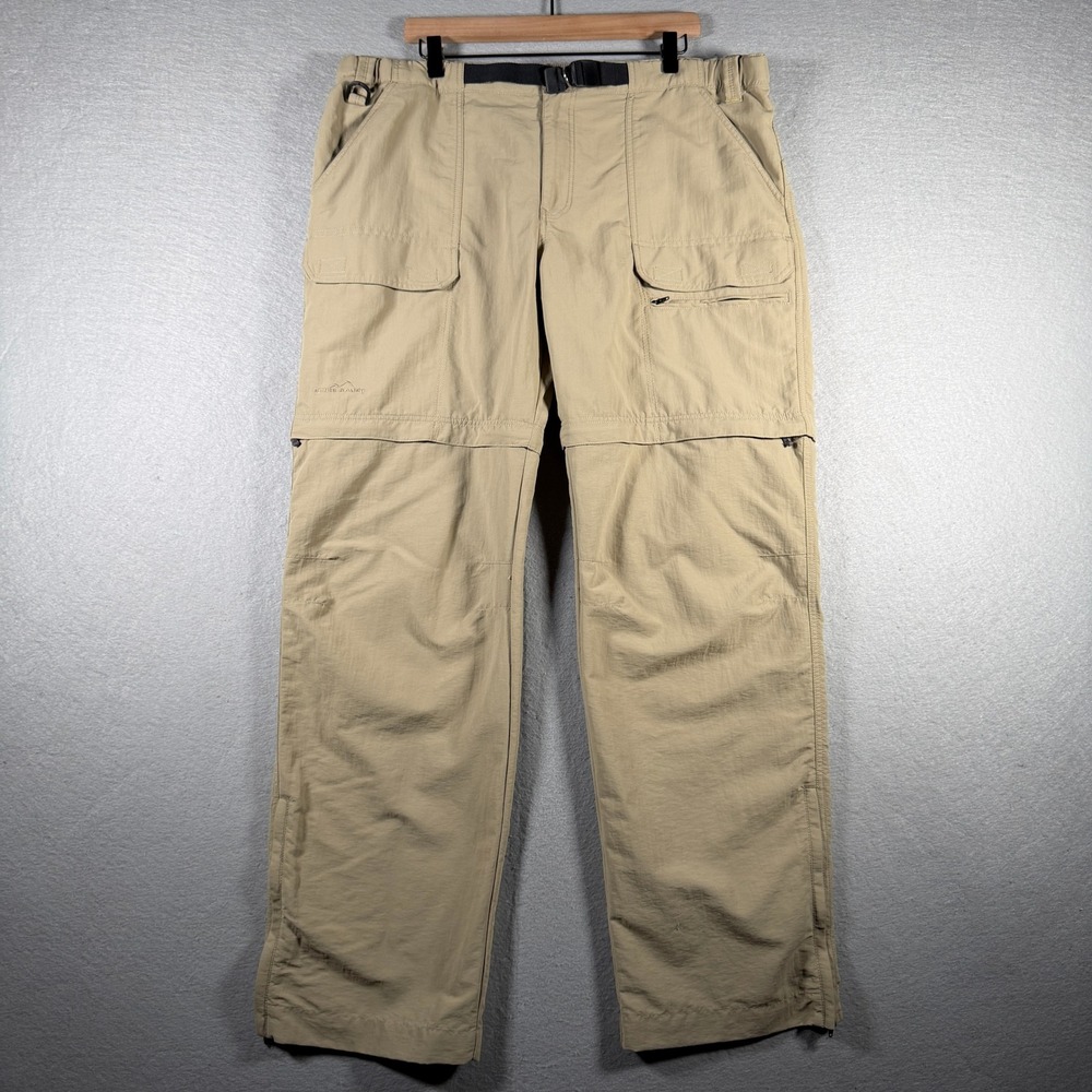Eddie Bauer Sport Mens Tan Convertible Hiking Pants Zip Off Cargo Size L 40x33